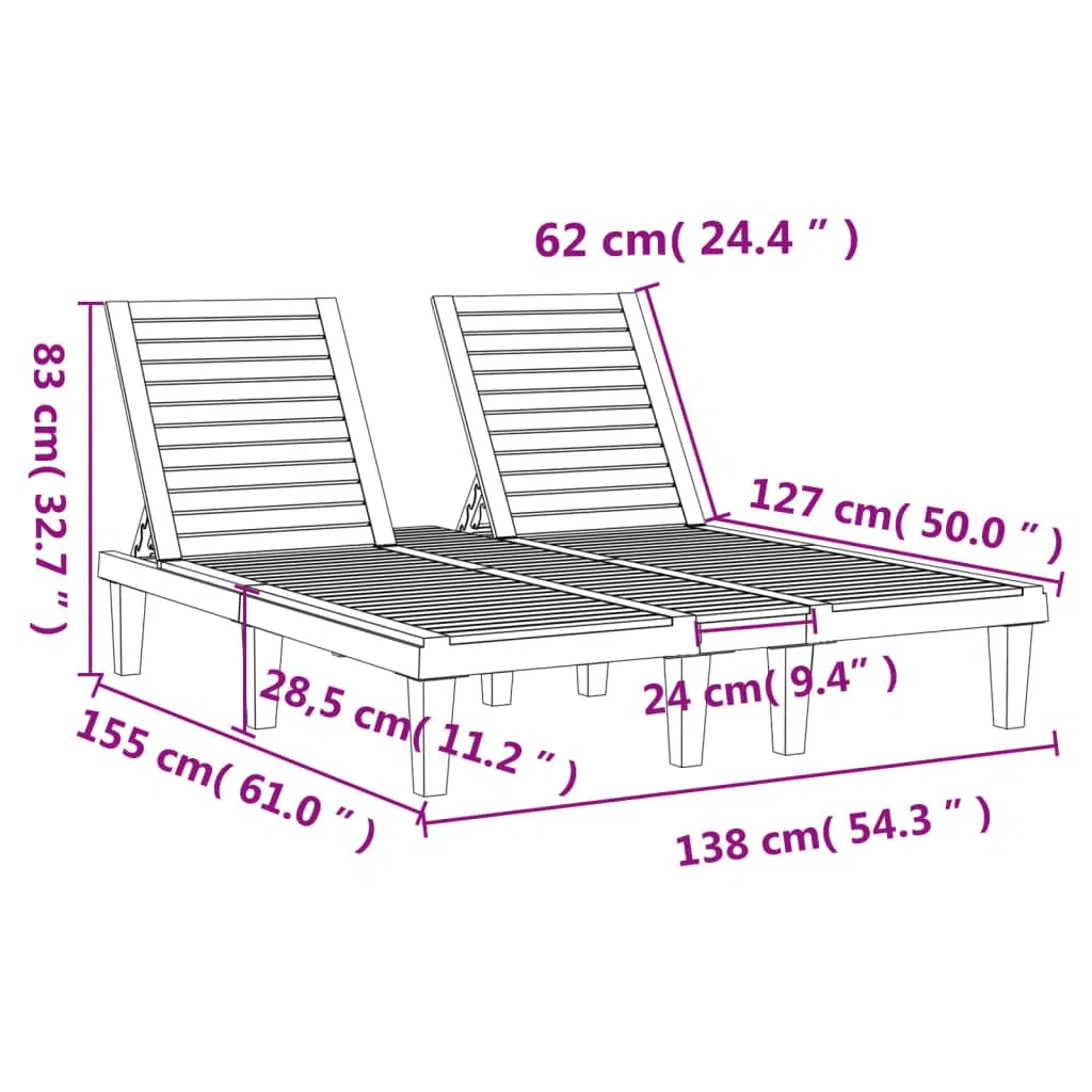 Podwójny leżak do opalania, czarny, 155 x 138 x 83 cm, polipropylen z regulowanym oparciem, do ogrodu, na taras, balkon, basen, plażę, kemping, relaks, saunę, urlop