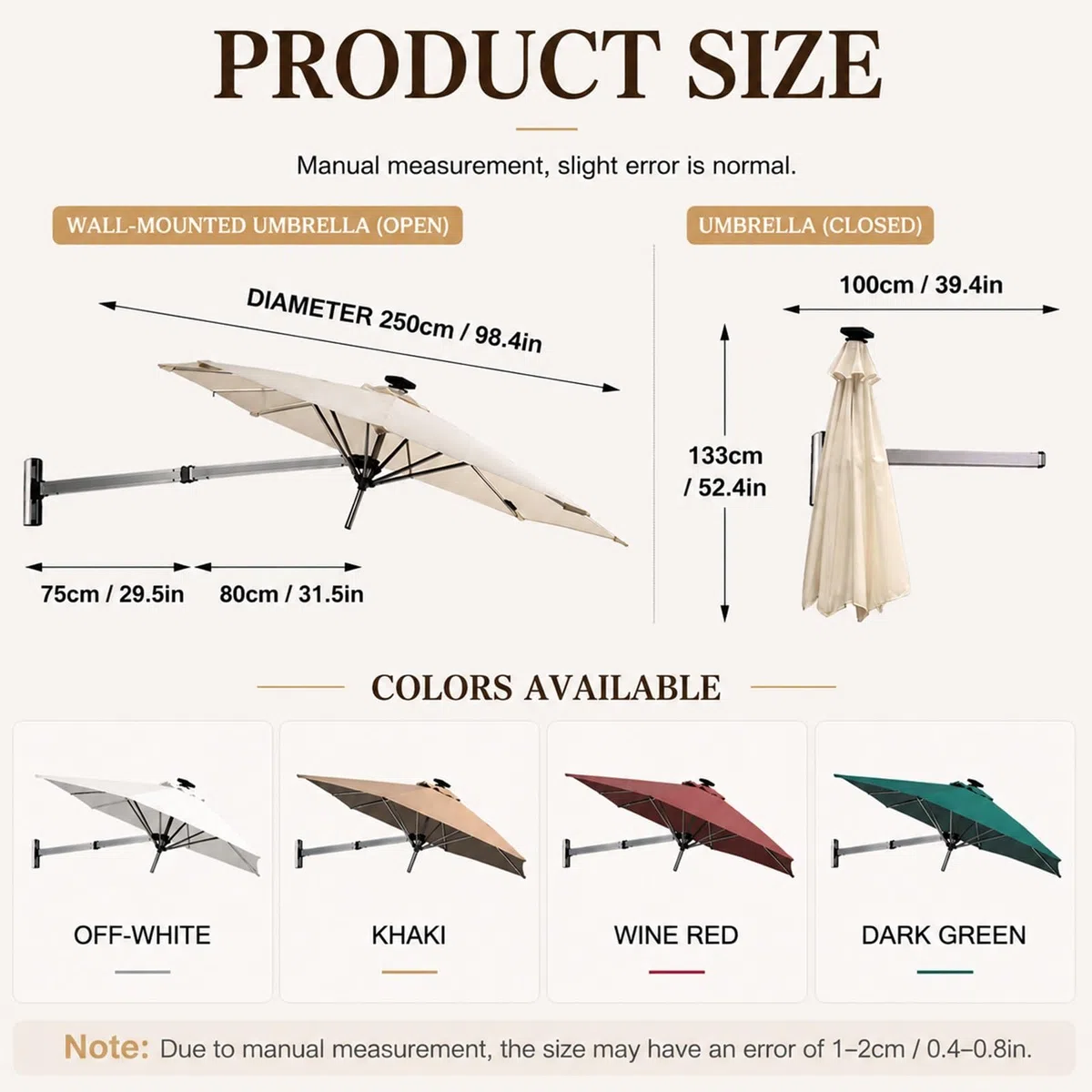 Naścienny parasol tarasowy z solarnymi światłami LED, aluminiowy, przesunięty parasol, wysuwany wspornik, zewnętrzna osłona przeciwsłoneczna na balkon, do ogrodu i na taras