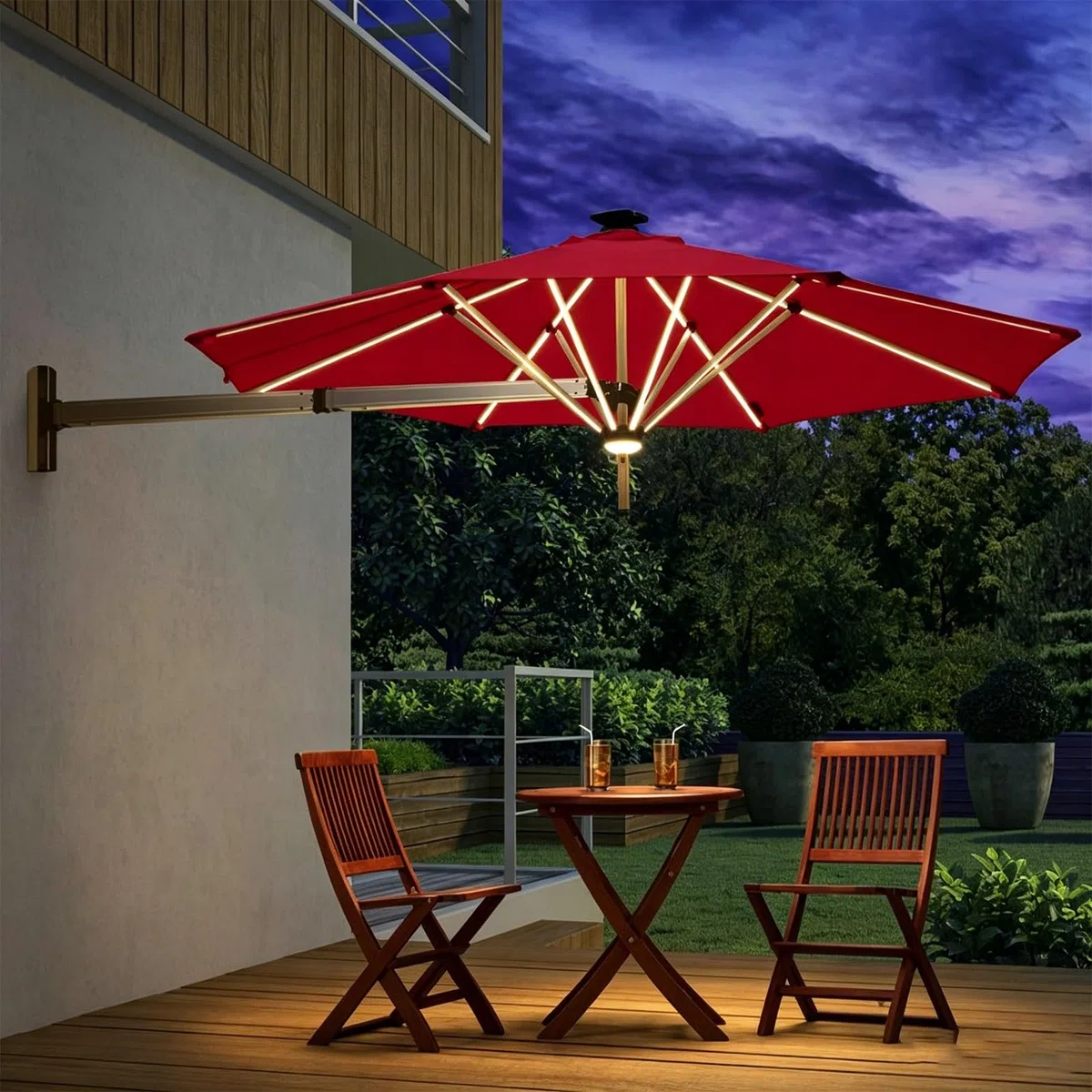 Naścienny parasol tarasowy z solarnymi światłami LED, aluminiowy, przesunięty parasol, wysuwany wspornik, zewnętrzna osłona przeciwsłoneczna na balkon, do ogrodu i na taras