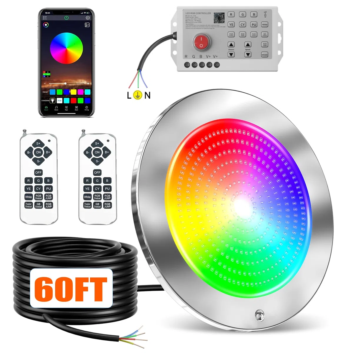 Oświetlenie basenowe do basenu wewnętrznego, 15 m, 54 W, 25 cm, LED, oświetlenie basenowe z 3 sposobami sterowania (aplikacja/pilot/kontroler), zmieniające kolor podwodne oświetlenie basenu do