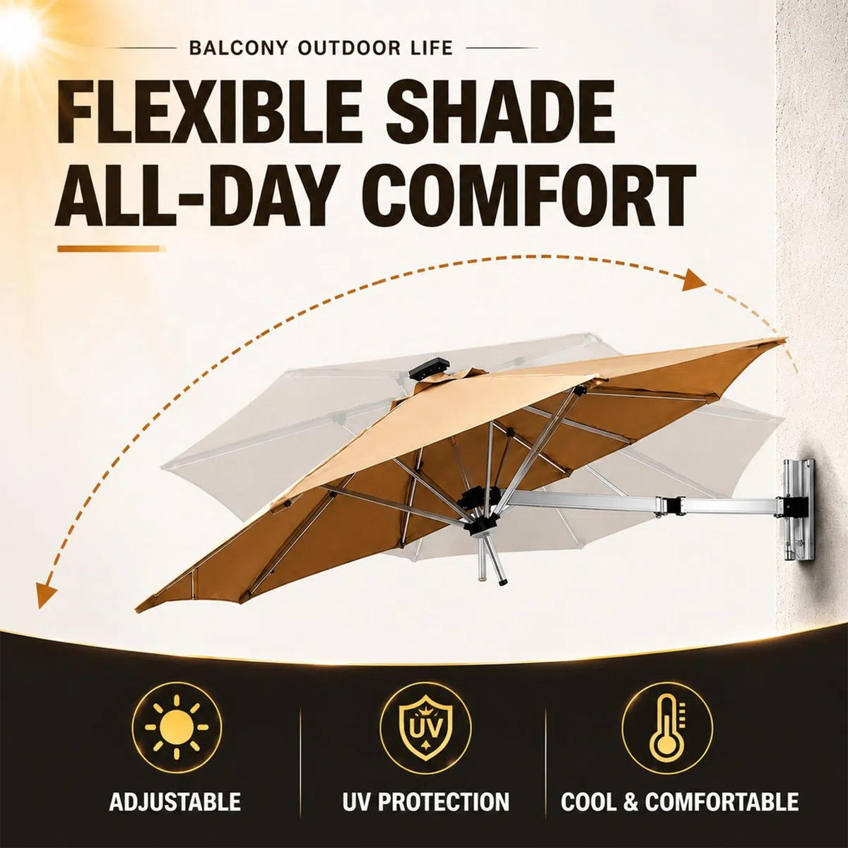 Naścienny parasol tarasowy z solarnymi światłami LED, aluminiowy, przesunięty parasol, wysuwany wspornik, zewnętrzna osłona przeciwsłoneczna na balkon, do ogrodu i na taras