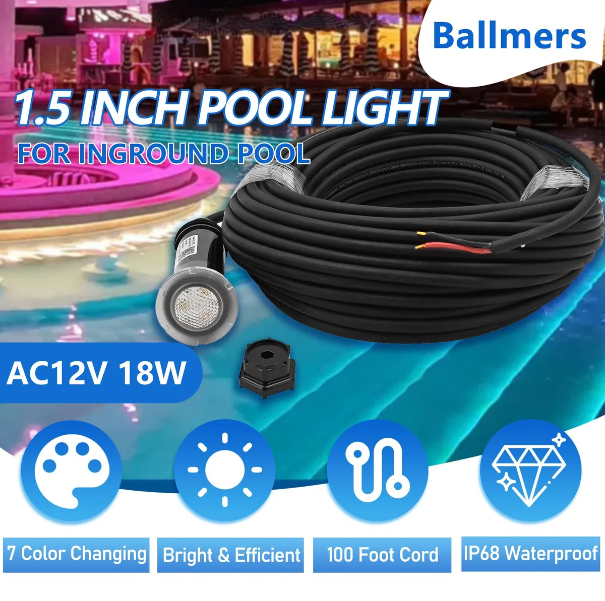 AC12V lampa basenowa 1,5 cala, przewód 30 m, 18 W, 7 kolorów RGB LED światła do basenu wewnętrznego i spa, zapasowe światła basenowe do GloBrite, wodoodporność IP68