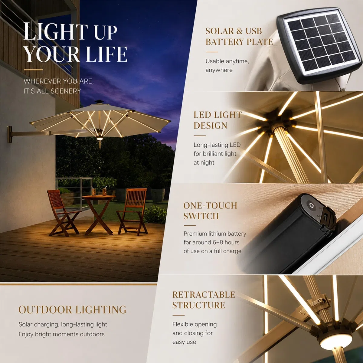 Naścienny parasol tarasowy z solarnymi światłami LED, aluminiowy, przesunięty parasol, wysuwany wspornik, zewnętrzna osłona przeciwsłoneczna na balkon, do ogrodu i na taras